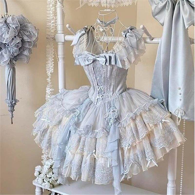 蓝色天鹅芭蕾风刺绣lolita裙蝴蝶结洛丽塔可爱甜美优雅蓬蓬公主裙