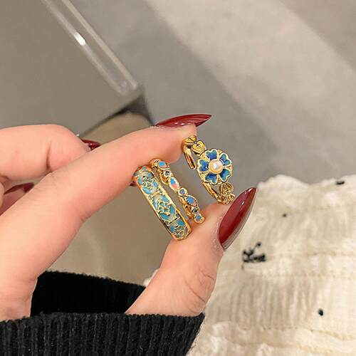 复古渐变蓝花纹开口戒指女西域