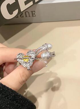 法式镂空锡纸黄钻爱心开口戒指女