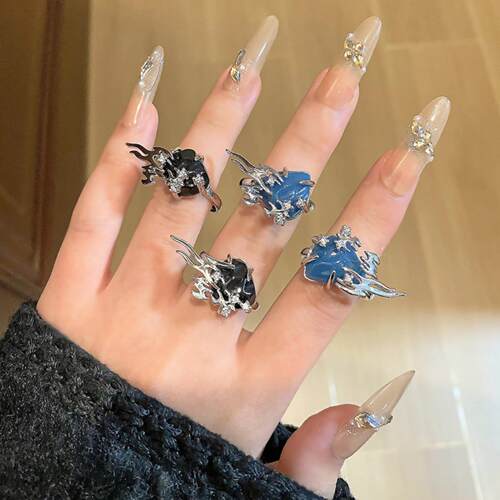 欧甜酷蓝黑石液态棘刺戒指女小众