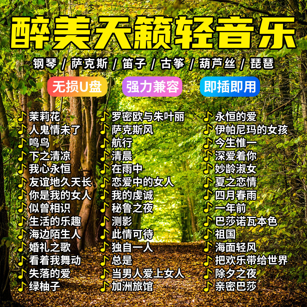 轻音乐汽车载u盘钢琴萨克斯笛子古筝葫芦丝休闲纯音乐汽车用优盘
