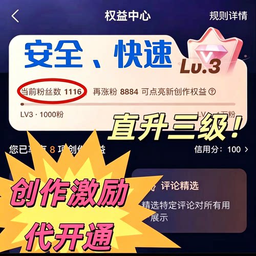 bili哔哩b站小破站up主权益直升lv3(含激励带货花火商单等12项)