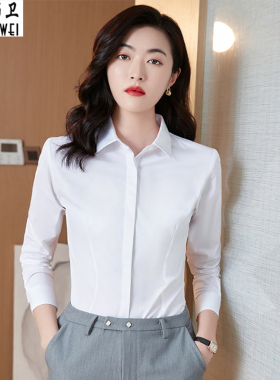 春季职业白衬衫女长袖正装工作女士工装百搭加绒衬衫白色衬衣春秋