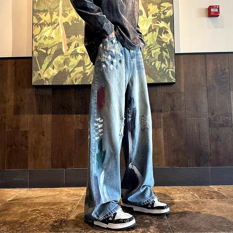 特大码300斤牛仔裤男秋季美式高街痞帅水洗做旧阔腿宽松直筒长裤2