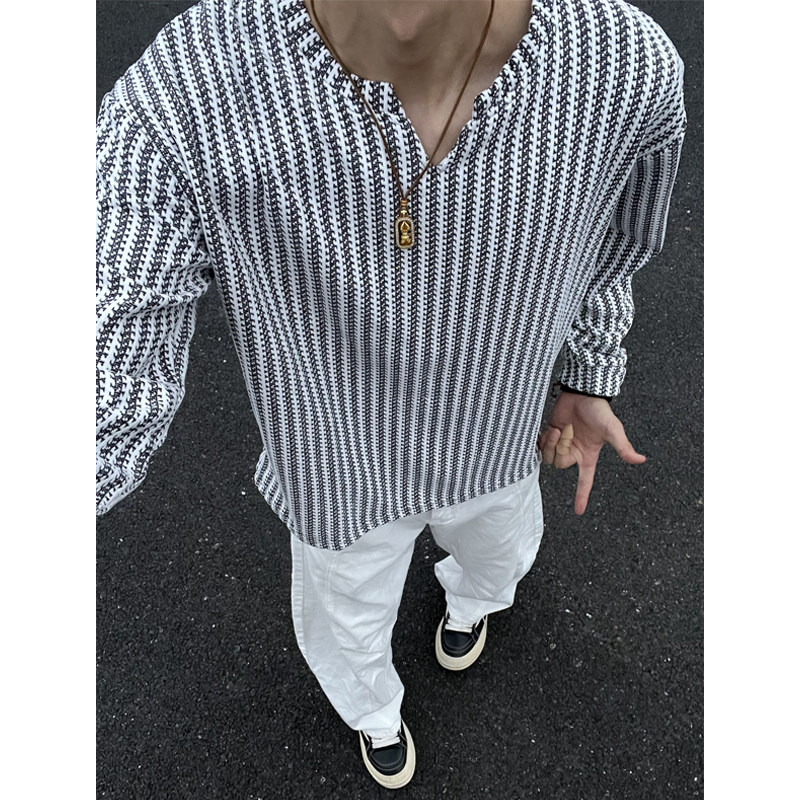 大码300斤鱼骨纹V领长袖T恤男秋季重磅oversize套头小香风打底衫