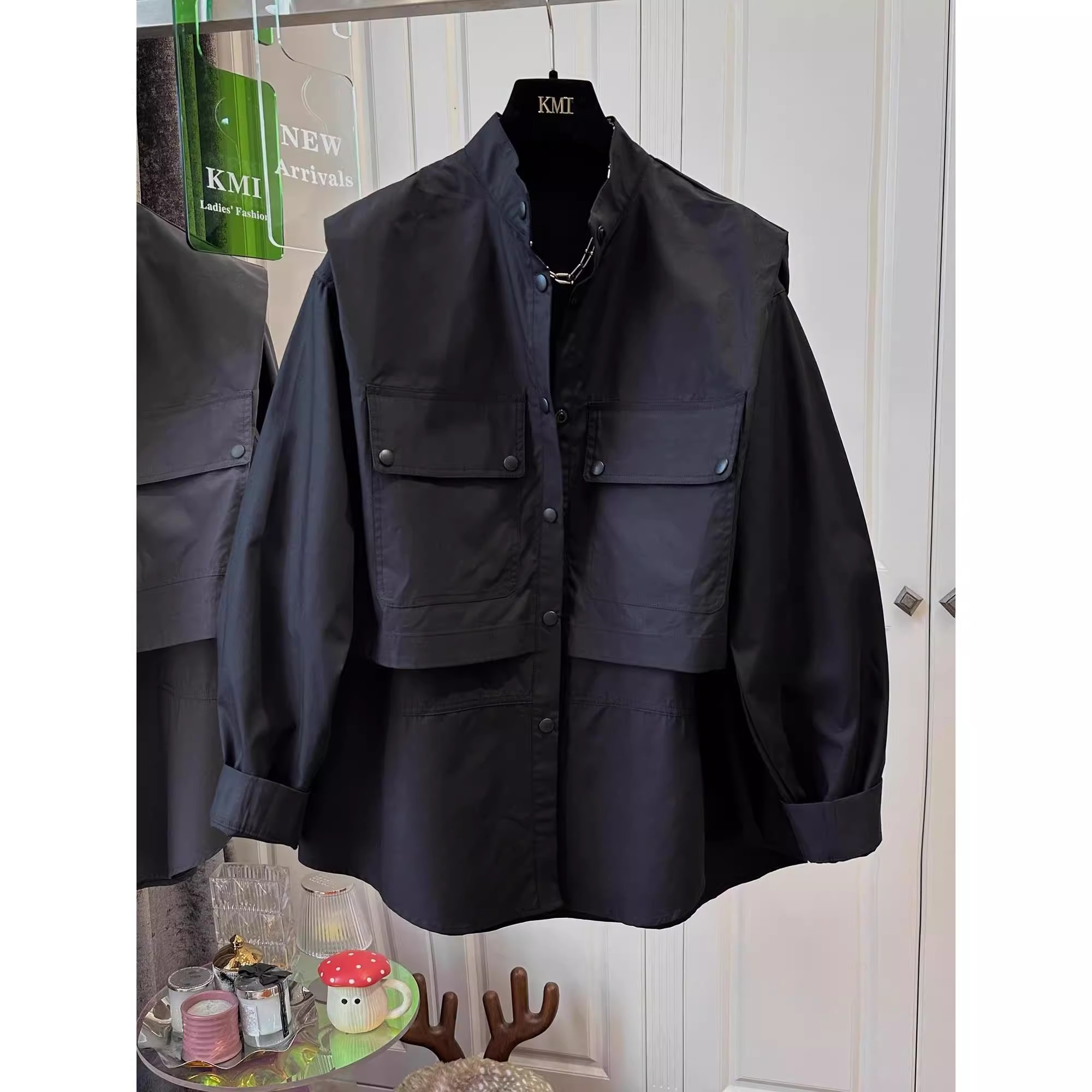 大码300斤假两件多口袋马甲衬衫