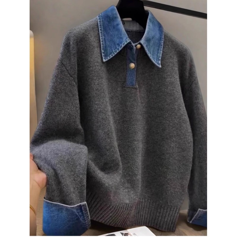 韩系气质翻领假两件毛衣