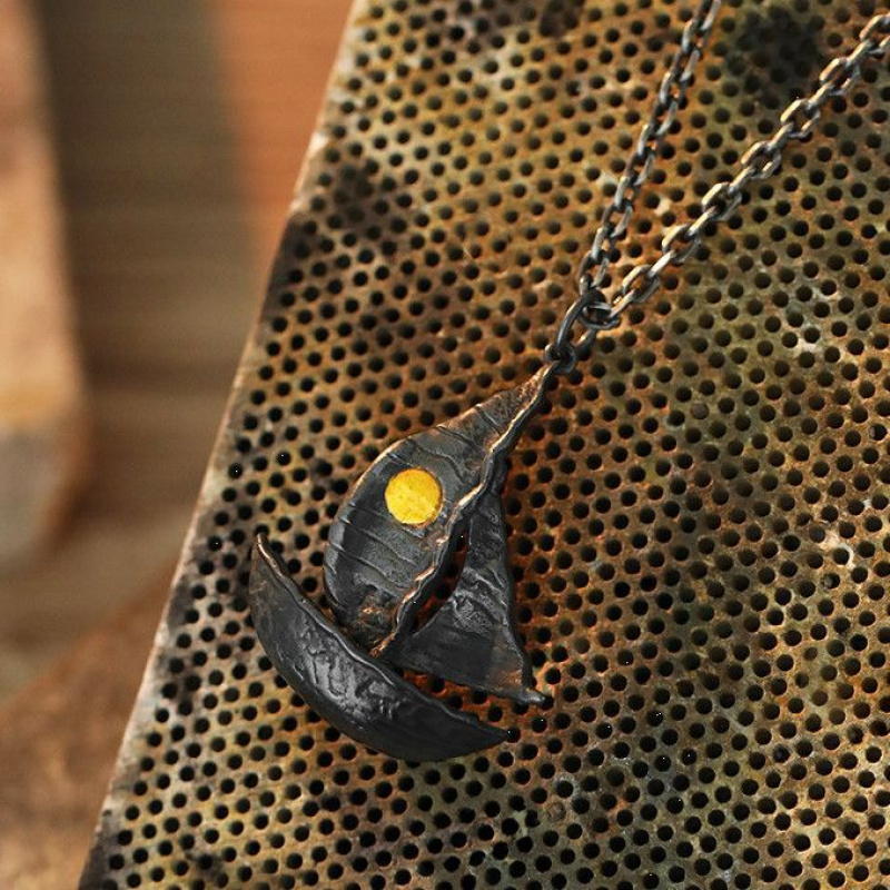 新品新款复古扬帆映日吊坠帆船项链小众毛衣链一帆风顺项坠