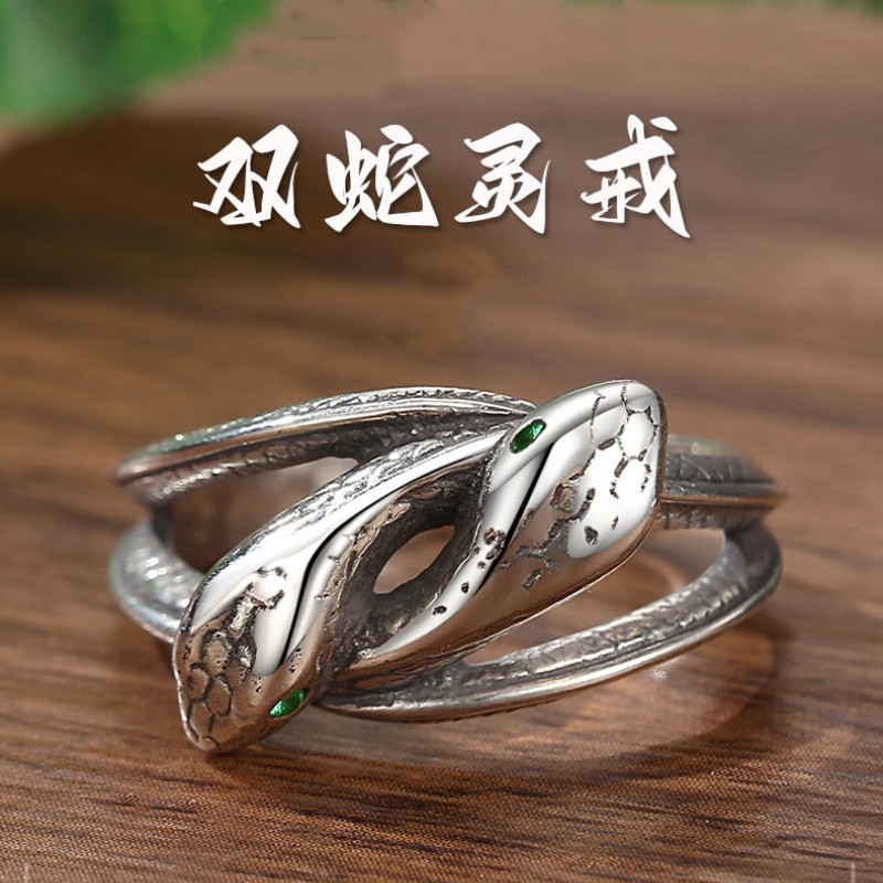 镀S925银新款双灵蛇戒指男潮款本