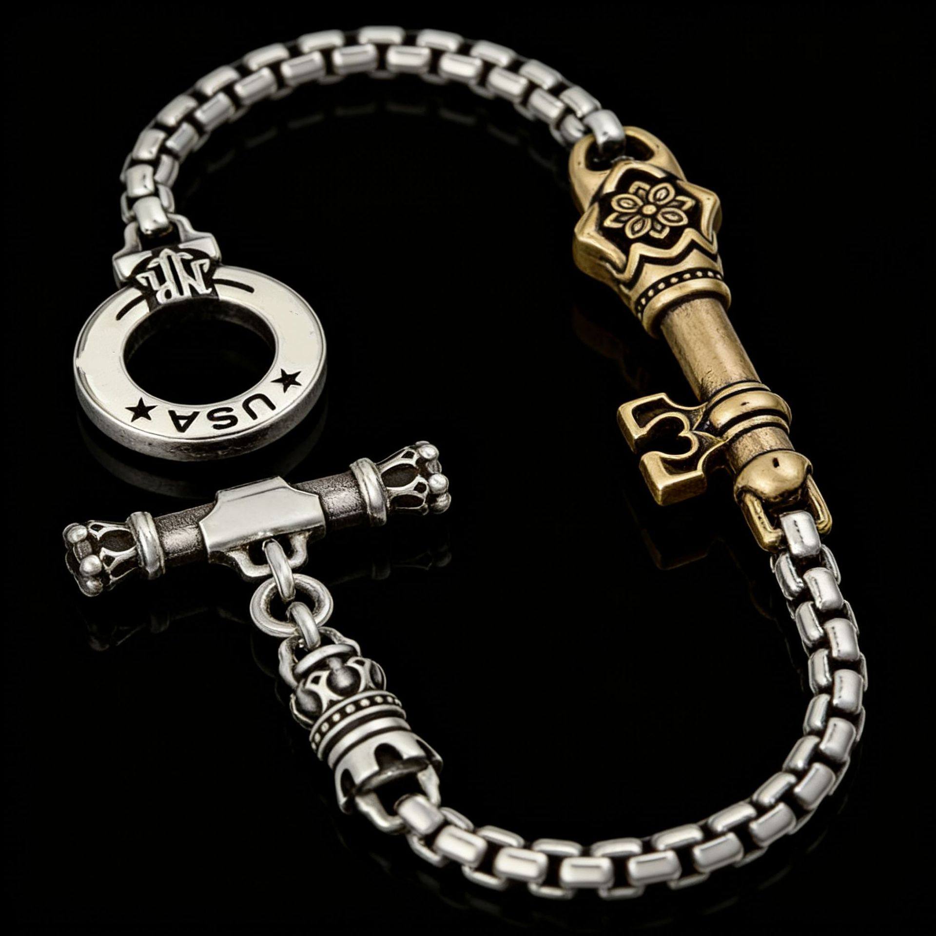 新品挂扣复古撞色钥匙手链重工雕花设计美式做旧个性