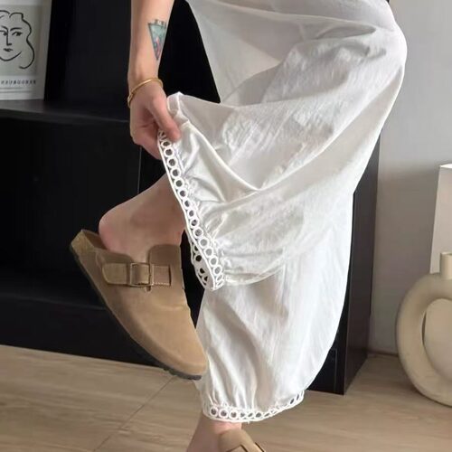 日系灯笼阔腿裤女夏季薄款藏青色裤子显瘦小个子花苞九分裤