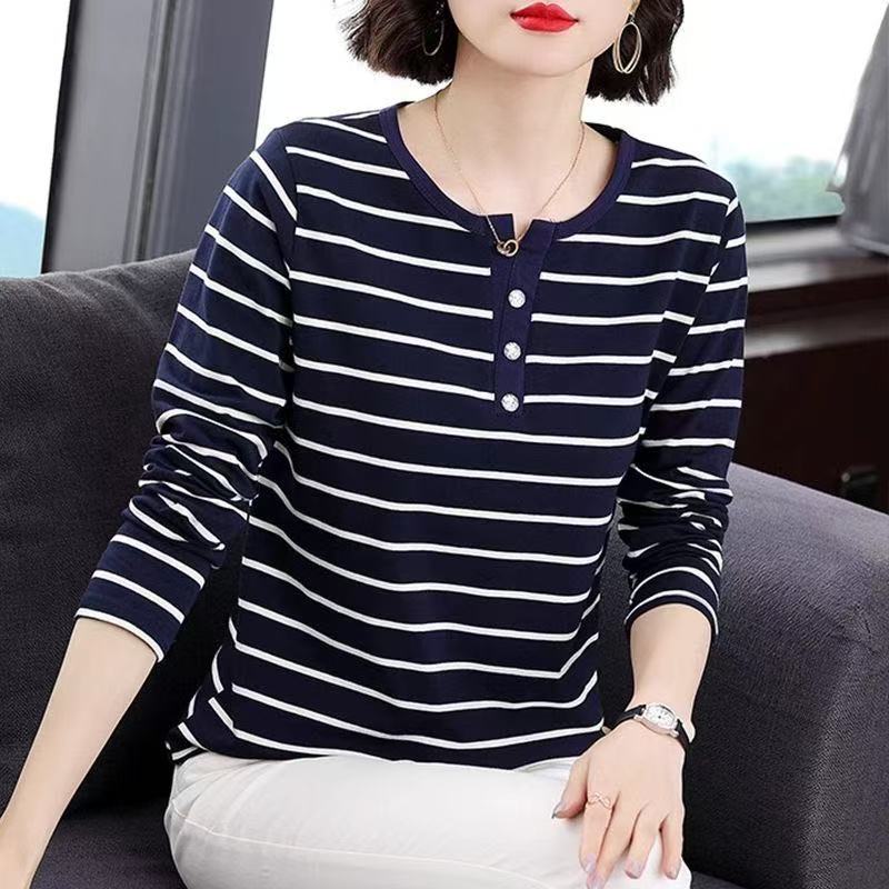 纯棉长袖t恤女上衣中年妈妈2026秋季新款大码女装韩版条纹打底衫