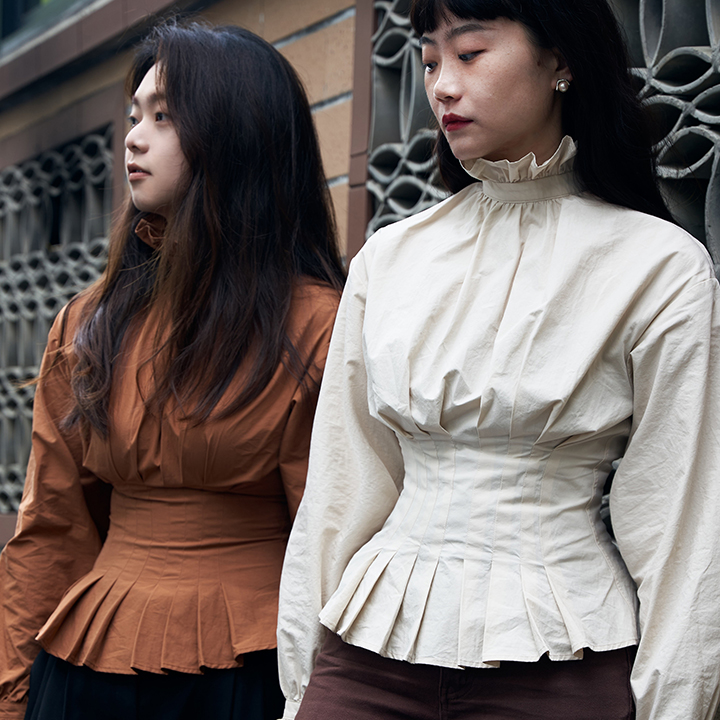 收腰复古套头长袖纯棉收褶衬衫