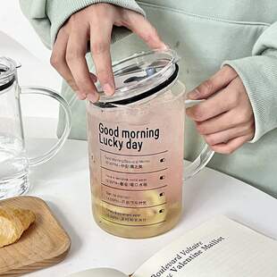 大容量刻度玻璃吸管杯耐高温高硼硅马克杯1L带把手高颜值水杯