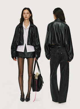 antceee 高腰褶皱花苞翻领皮夹克 通勤简约百搭纯色短款外套上衣