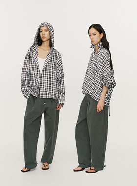 antceee 可变形颠倒穿着蝙蝠袖连帽黑白格子衬衫两穿设计休闲外套