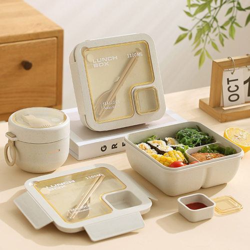 小麦分格餐盒套装微波炉加热饭盒