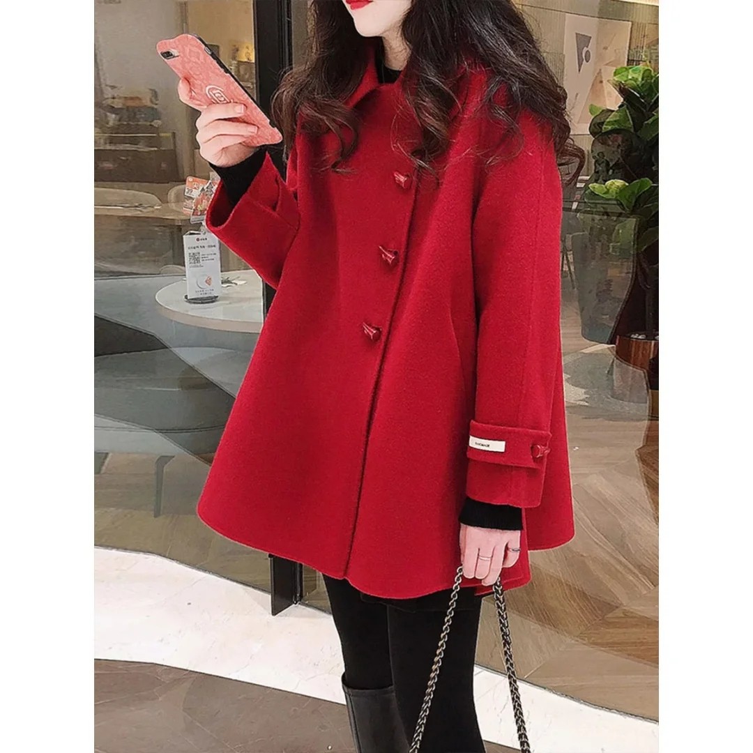 新年小个子短款红色大衣女2025年新款法式高级感冬装斗篷毛呢外套