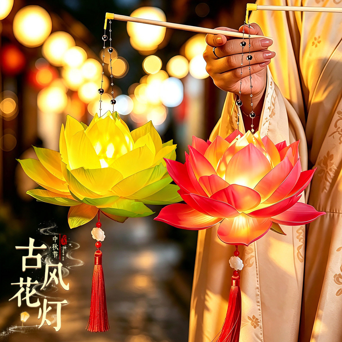 中秋节古风手提荷花灯笼儿童手工成品莲花灯节日装饰挂饰花灯图片