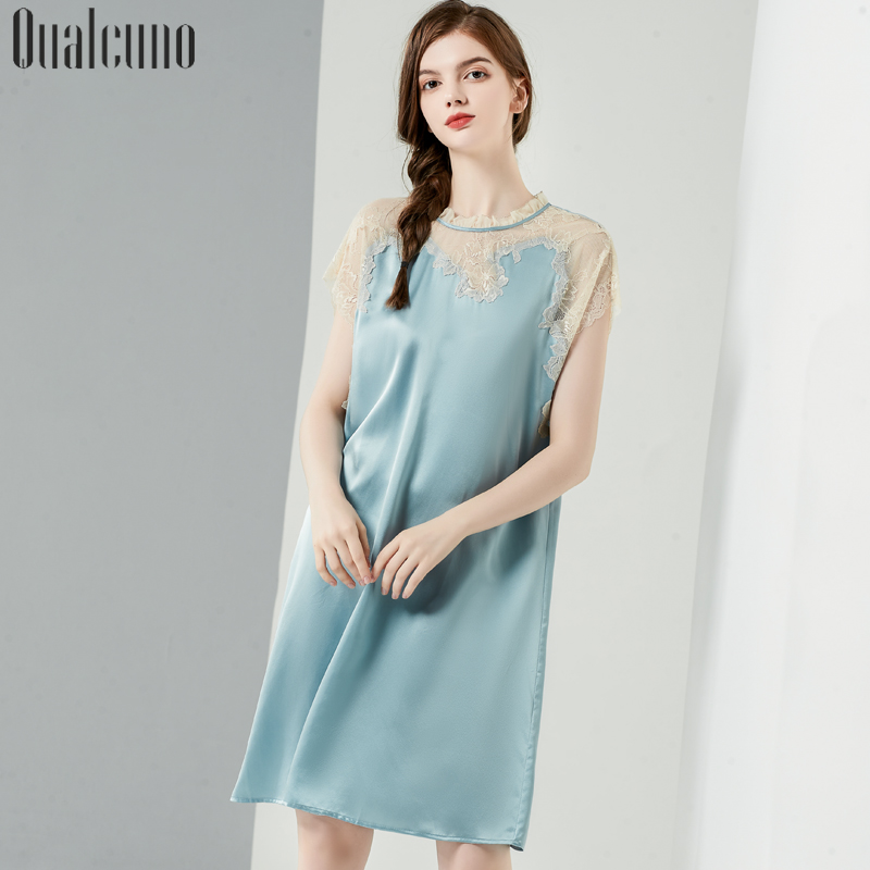 qualcuno真丝睡裙女春夏季短袖睡衣重磅桑蚕丝绸纯色家居服