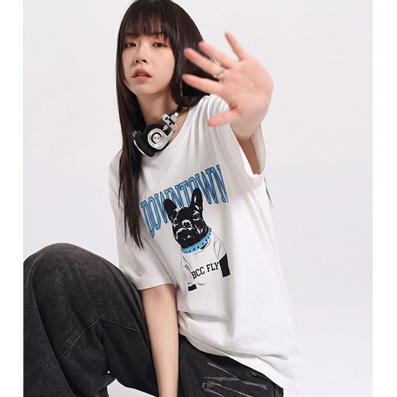 maSande美式嘻哈潮流法斗字母印花白T恤女夏季洋气减龄宽松圆领短