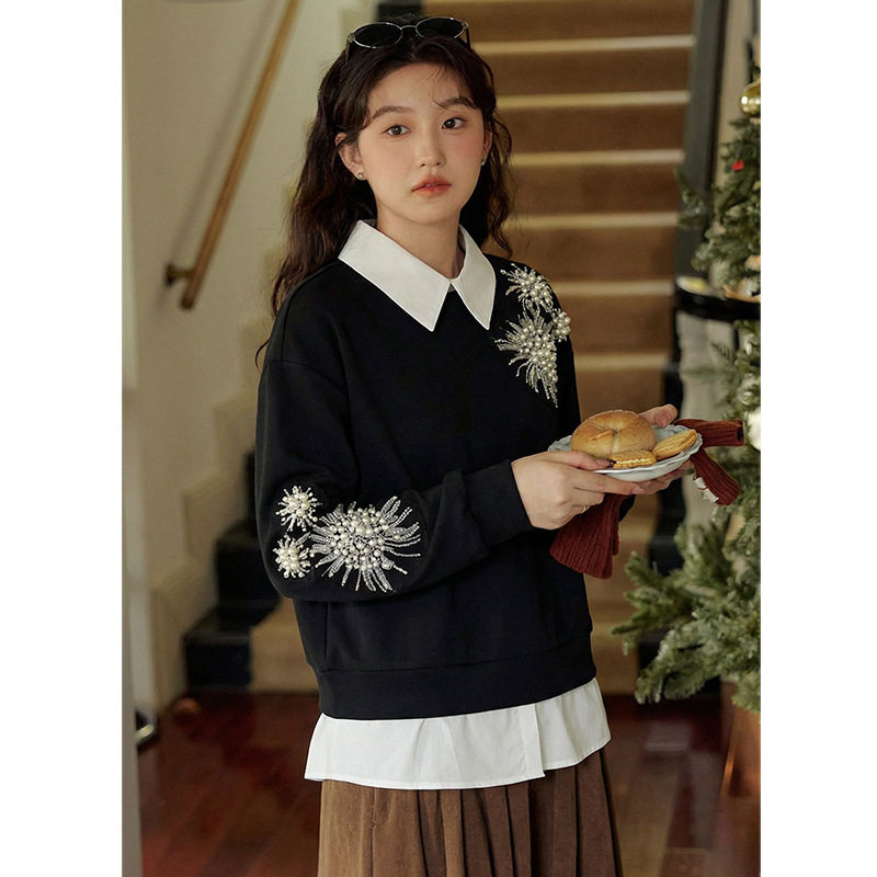 maSande早春新款2026年亮片钉珠花卉卫衣女设计感假两件polo长袖