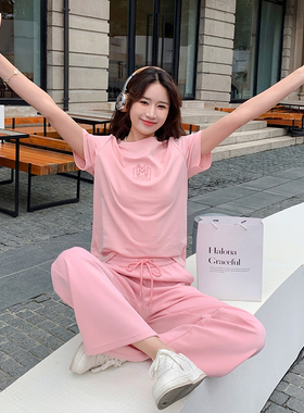粉色休闲运动裤2025女夏季2025新款圆领短袖2C087-689P140K209