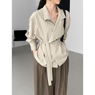 那末 高智感女主 韩系通勤气质条纹衬衫立领系带收腰长袖衬衣5038