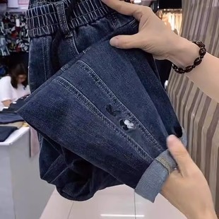 松紧高腰显瘦萝卜老爹裤 新款 子 女小个子秋冬季 宽松加绒哈伦牛仔裤