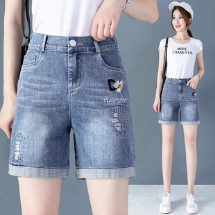 弹力五分裤 胖妞宽松大码 胖mm夏季 女显瘦学生中裤 潮 松紧腰牛仔短裤