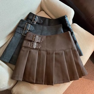 辣妹黑色皮裙2024新款女秋款小个子高腰防走光百褶A字半身短裙子