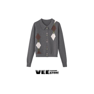 墨尔本 百搭冬菱格撞色翻领针织开衫 冬装 时尚 外套 新款 VEE