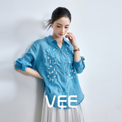 VEE绣花苎麻七分袖衬衫女上衣
