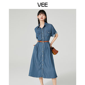 现货VEE/唯己【向光而行】夏季新款气质休闲复古收腰伞摆连衣裙