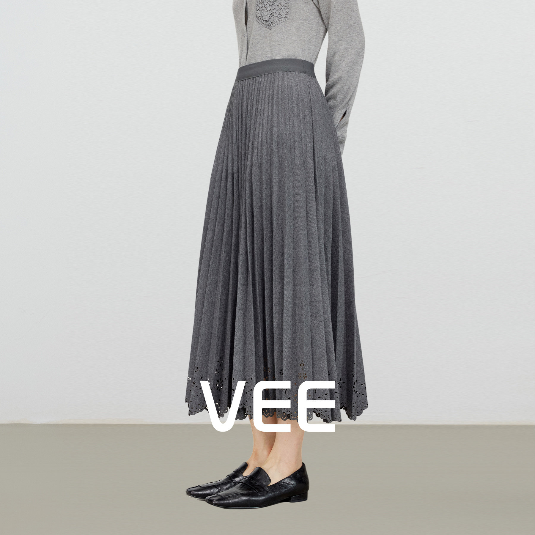 VEE高腰a字显瘦百褶半身裙