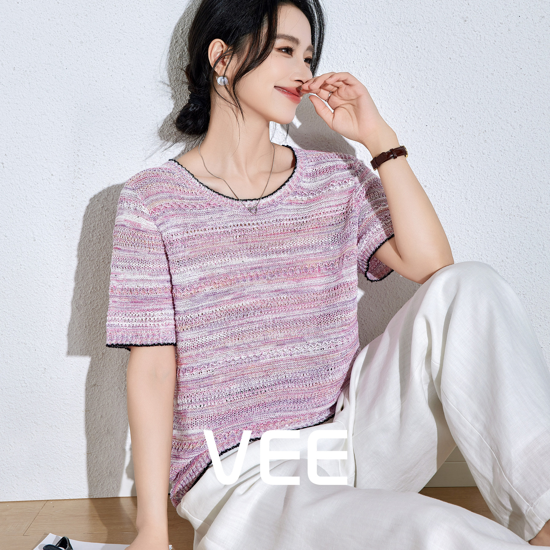 VEE【粉色日记】 段染小香风亮片针织衫短袖女夏圆领套头气质上衣