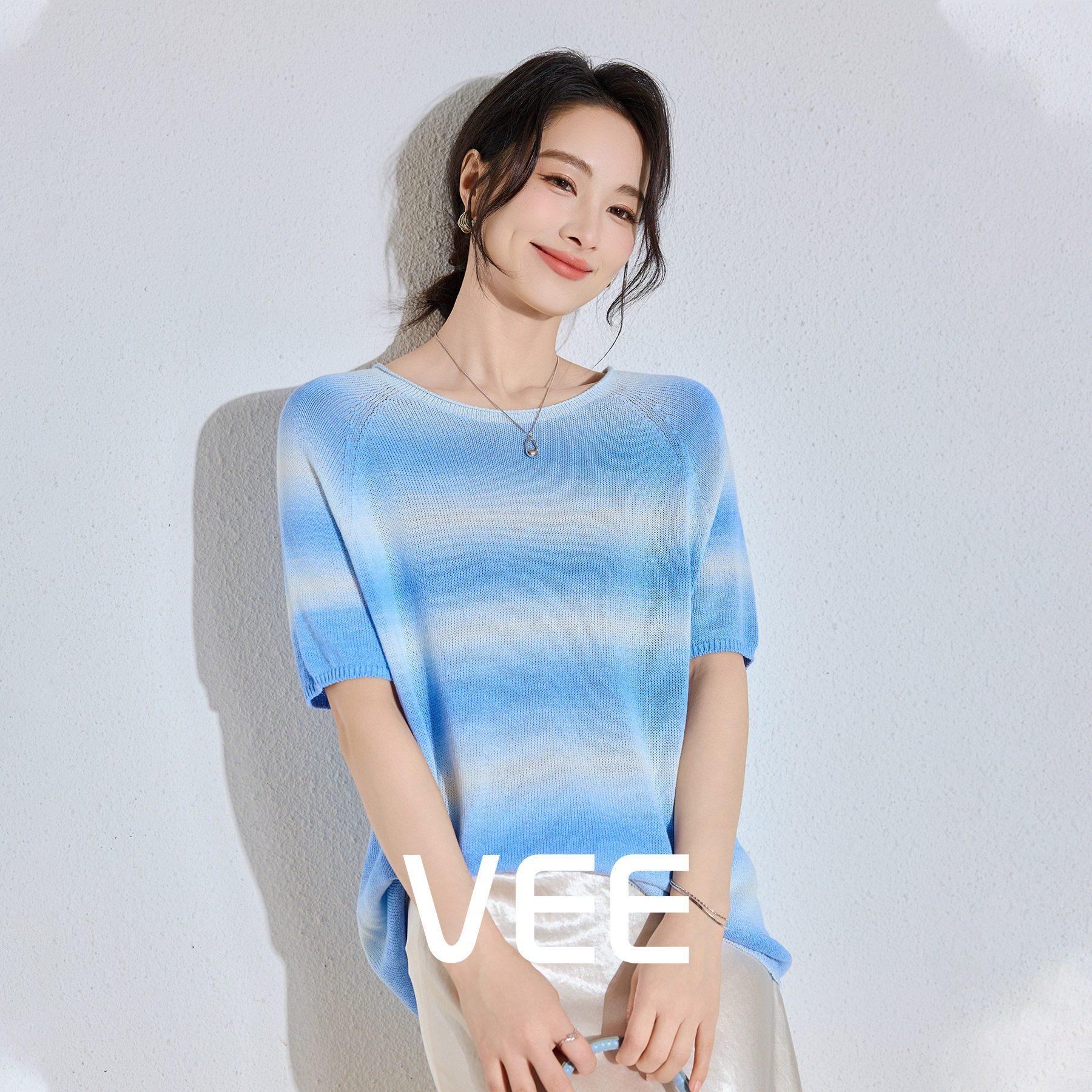 VEE【油画盘】多巴胺渐变条纹针织短袖t恤女2026夏季新款减龄上衣