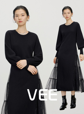 VEE【轻舞者】气质长袖连衣裙女2025新款大摆长裙收腰针织裙子女