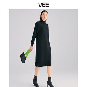 VEE【一见倾心】冬季新款半高领简约针织长款连衣裙