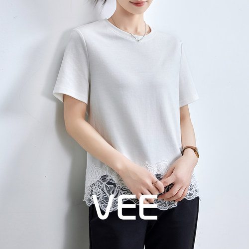 蕾丝拼接圆领百搭宽松短袖t恤女