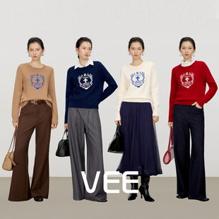 上衣女 重工刺绣学院羊毛混纺套头圆领毛衣针织衫 VEE 徽章毛衣