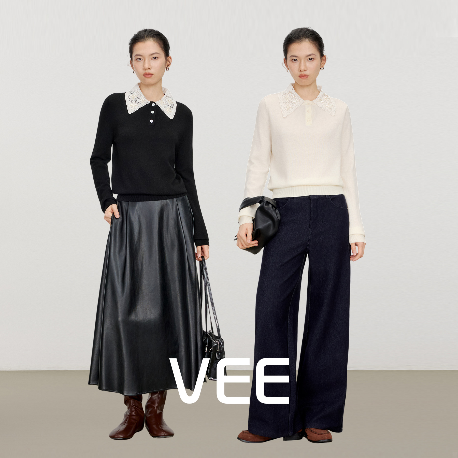 VEE【不败美人】重工刺绣针织衫女蕾丝polo领羊毛混纺打底上衣