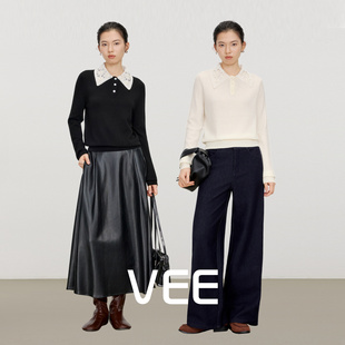 VEE【不败美人】重工刺绣针织衫女蕾丝polo领羊毛混纺打底上衣