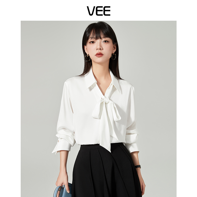 VEE【威尼斯恋人】春新款简约气质优雅法式系带长袖衬衫女衬衣白