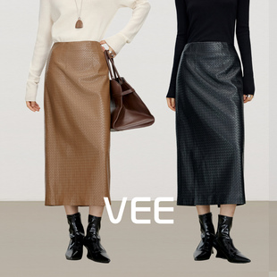 直筒长款 时髦编织感半身裙女2025新款 皮半裙裙子 编织皮裙 VEE