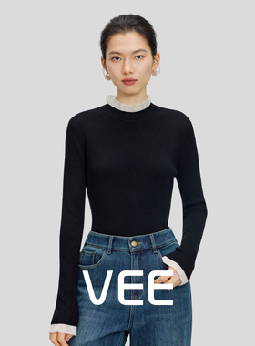 VEE【氛围叠搭】长袖木耳边圆领针织衫女新款冬打底内搭上衣毛衫