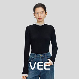 氛围叠搭 冬打底内搭上衣毛衫 长袖 女新款 木耳边圆领针织衫 VEE