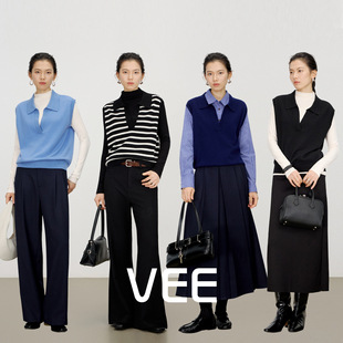 VEE 全羊毛polo领内搭叠穿针织马甲背心打底上衣女 循环马甲