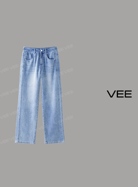VEE【海盐系】夏季新款女装休闲百搭宽松时尚蓝色直筒牛仔裤长裤