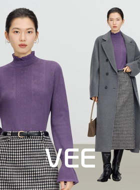VEE【柔芙】半高领木耳边桑蚕丝羊毛针织衫女冬新款内搭打底上衣